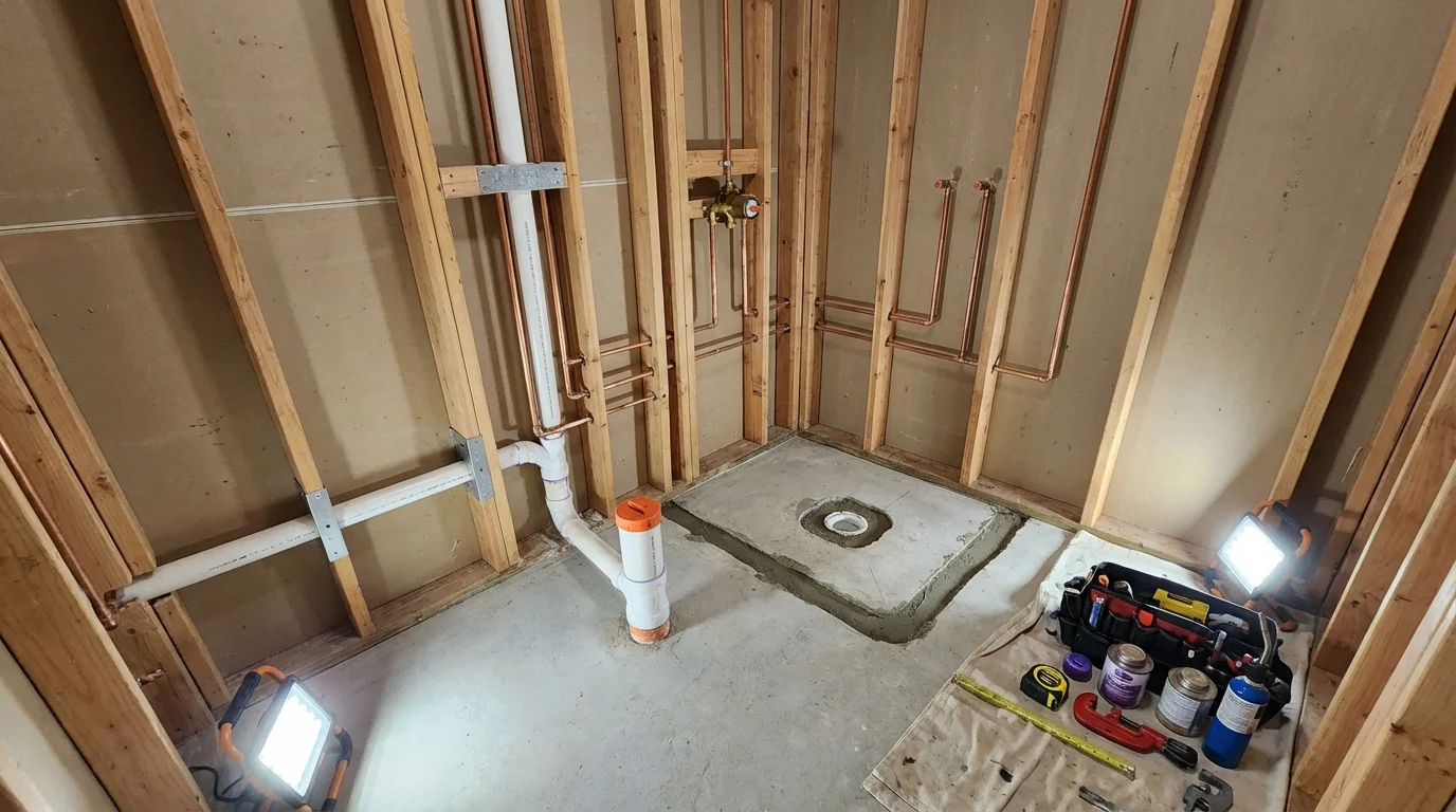 Bathroom rough-in plumbing during remodel by Johns Plumbing LLC in Villa Ridge