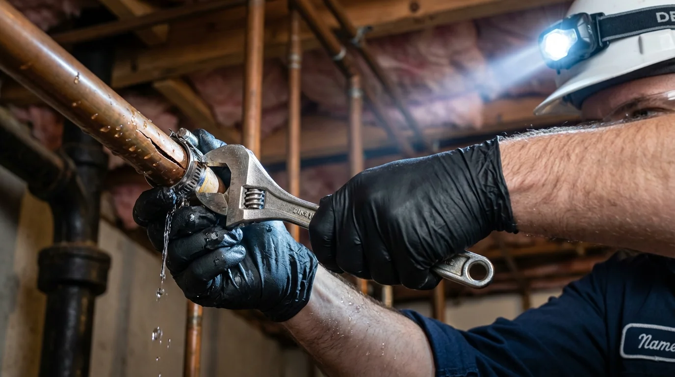 Emergency pipe clamp repair being performed by a Johns Plumbing LLC plumber in Villa Ridge