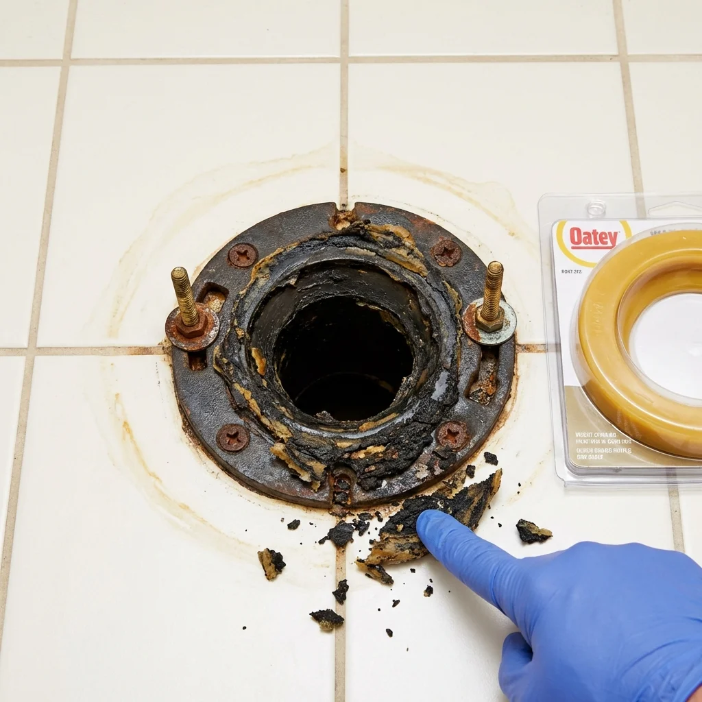 Failed wax ring showing water seepage at the base of a toilet in a Villa Ridge, MO home