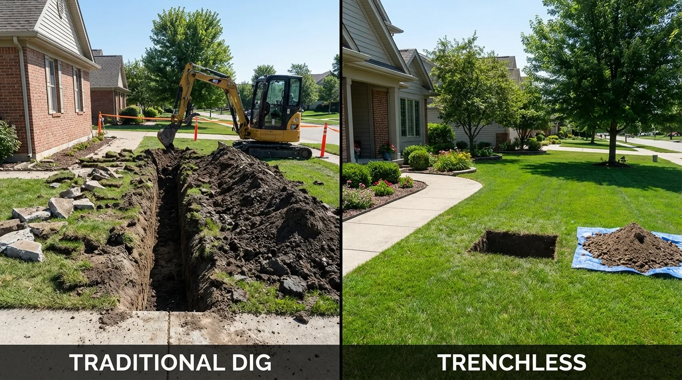 Trenchless sewer repair with minimal yard damage versus traditional excavation in Villa Ridge, MO