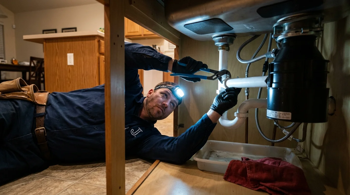 P-trap and supply line connections under a kitchen sink showing a common leak point in Villa Ridge, MO